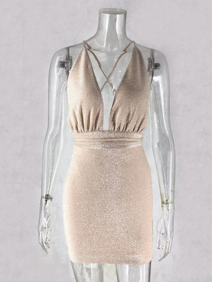 Glitter Halter Deep V-Neck Plunging Bodycon Mini Dress