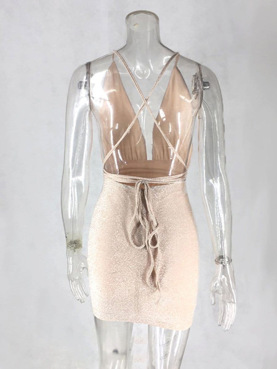 Glitter Halter Deep V-Neck Plunging Bodycon Mini Dress