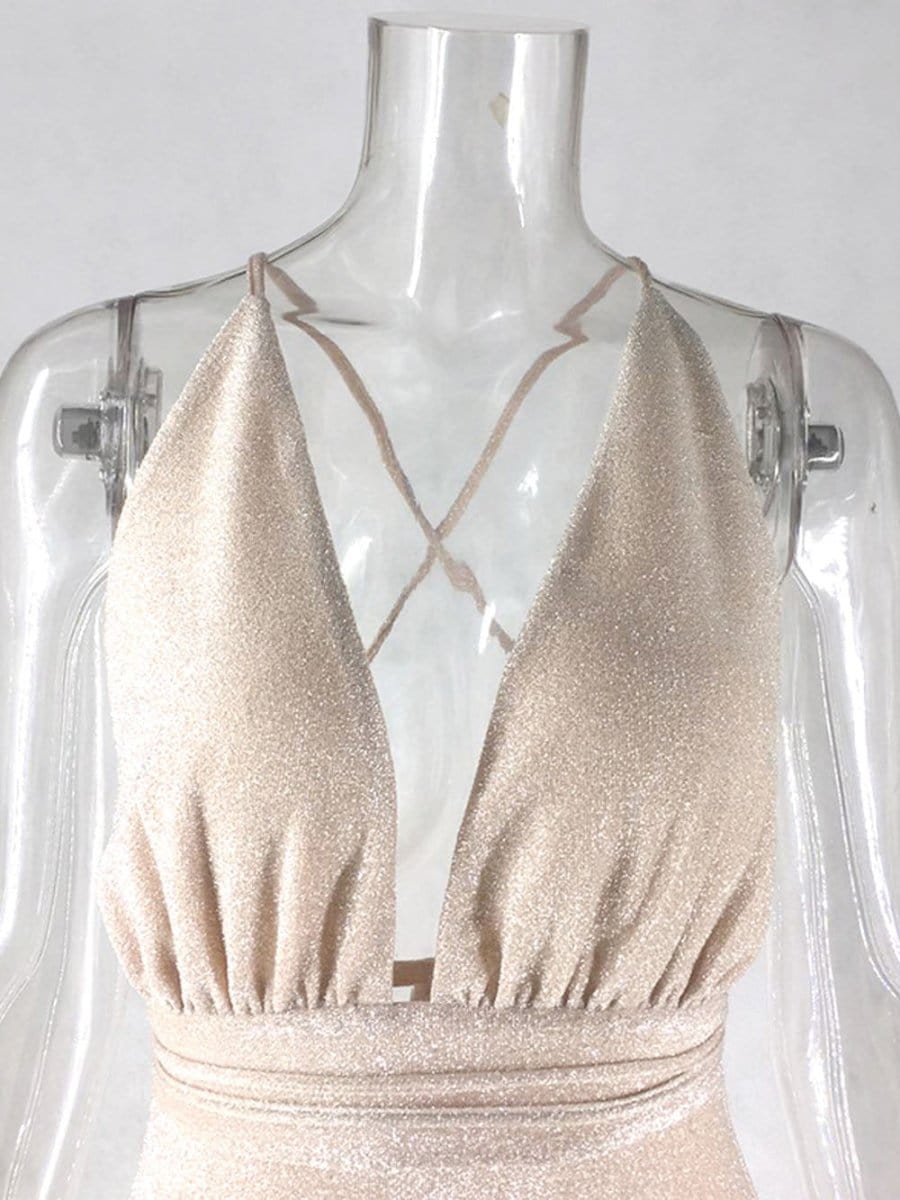 Glitter Halter Deep V-Neck Plunging Bodycon Mini Dress
