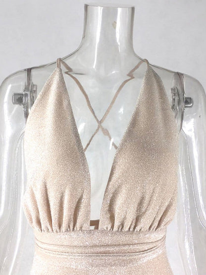 Glitter Halter Deep V-Neck Plunging Bodycon Mini Dress