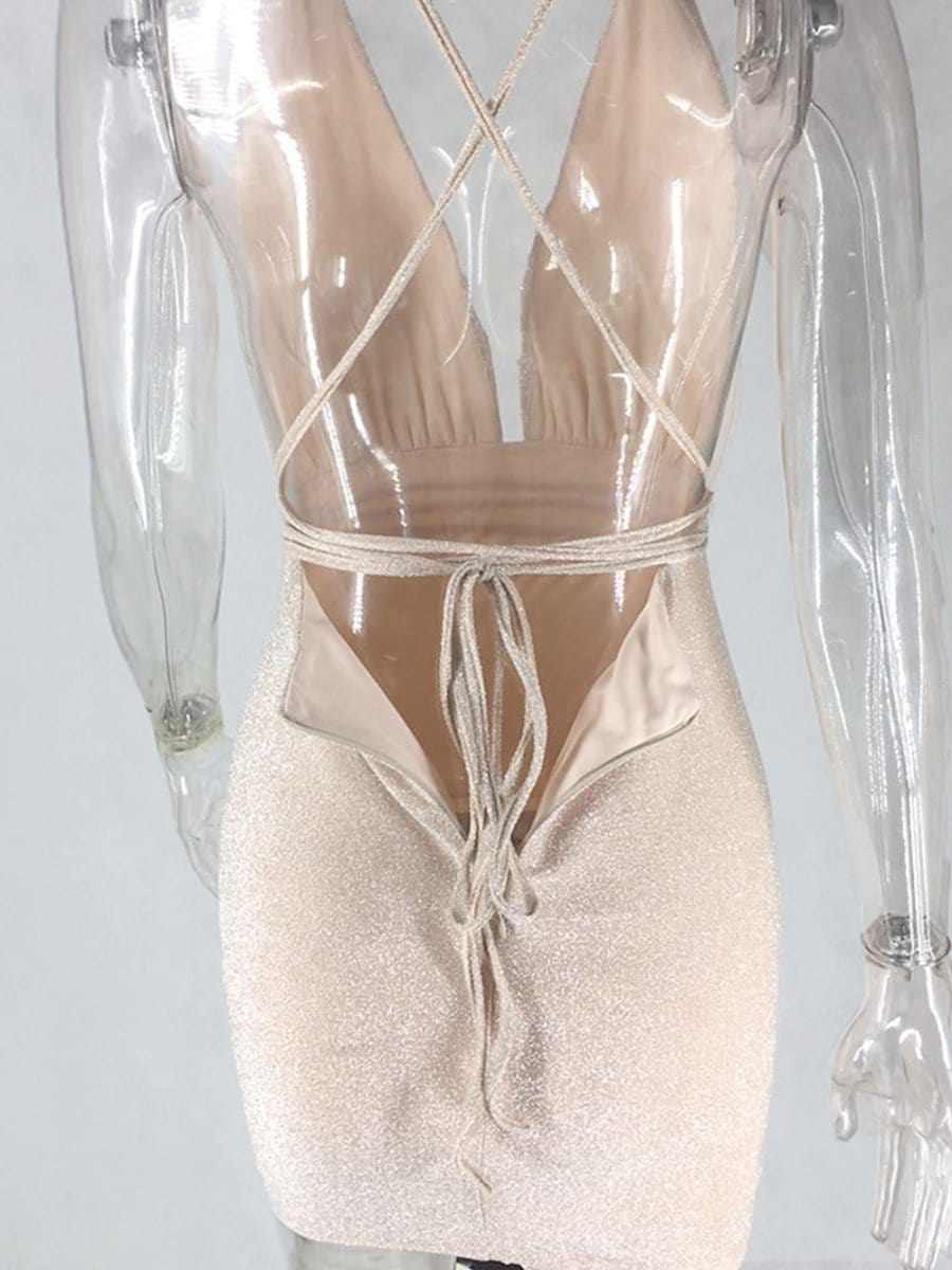 Glitter Halter Deep V-Neck Plunging Bodycon Mini Dress