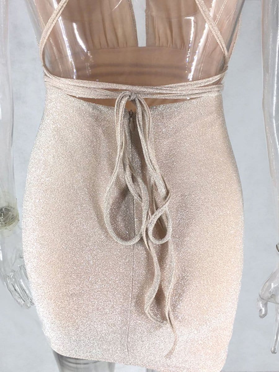 Glitter Halter Deep V-Neck Plunging Bodycon Mini Dress