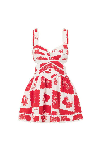 Floral Print Side Cutout Scalloped Trim Adjustable Strap Mini Dress