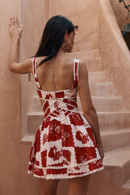 Floral Print Side Cutout Scalloped Trim Adjustable Strap Mini Dress