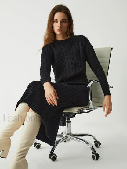 Leisure Cable Knit Long Modern Sleeve Two Piece Skirt Set