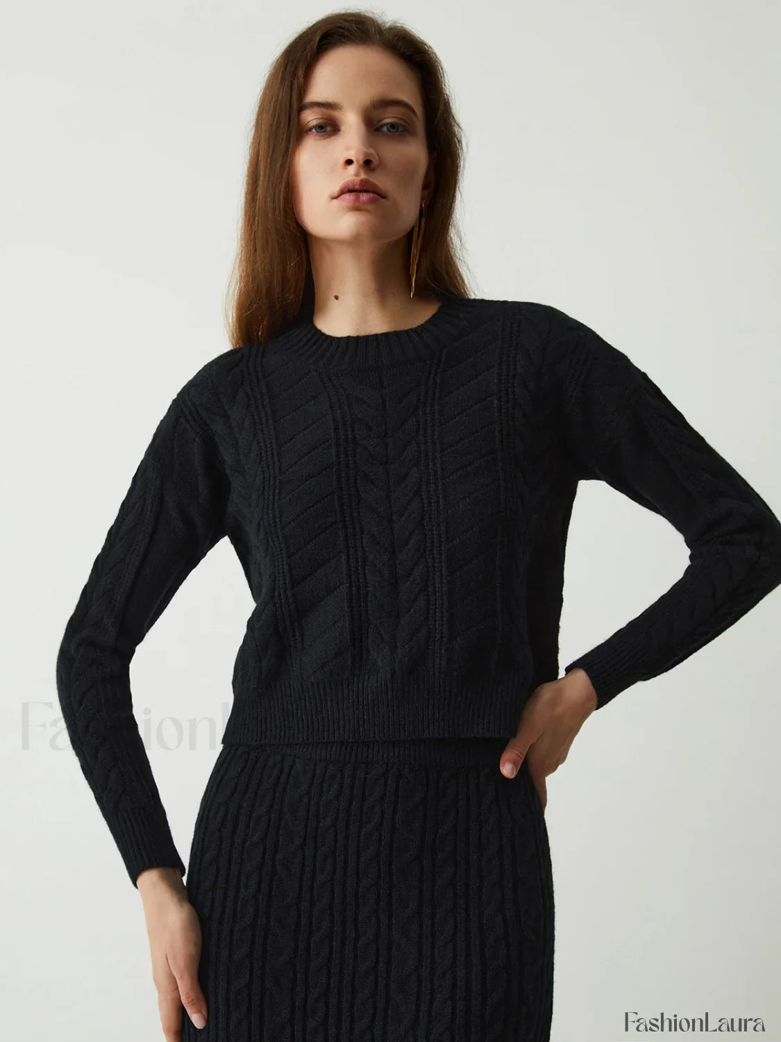 Leisure Cable Knit Long Modern Sleeve Two Piece Skirt Set
