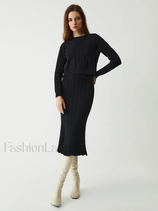Leisure Cable Knit Long Modern Sleeve Two Piece Skirt Set