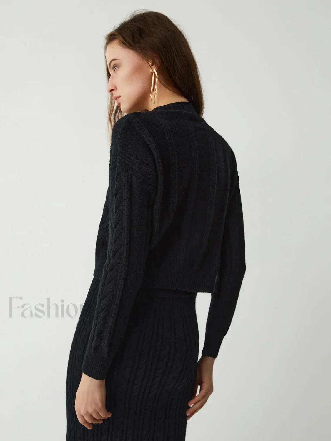 Leisure Cable Knit Long Modern Sleeve Two Piece Skirt Set