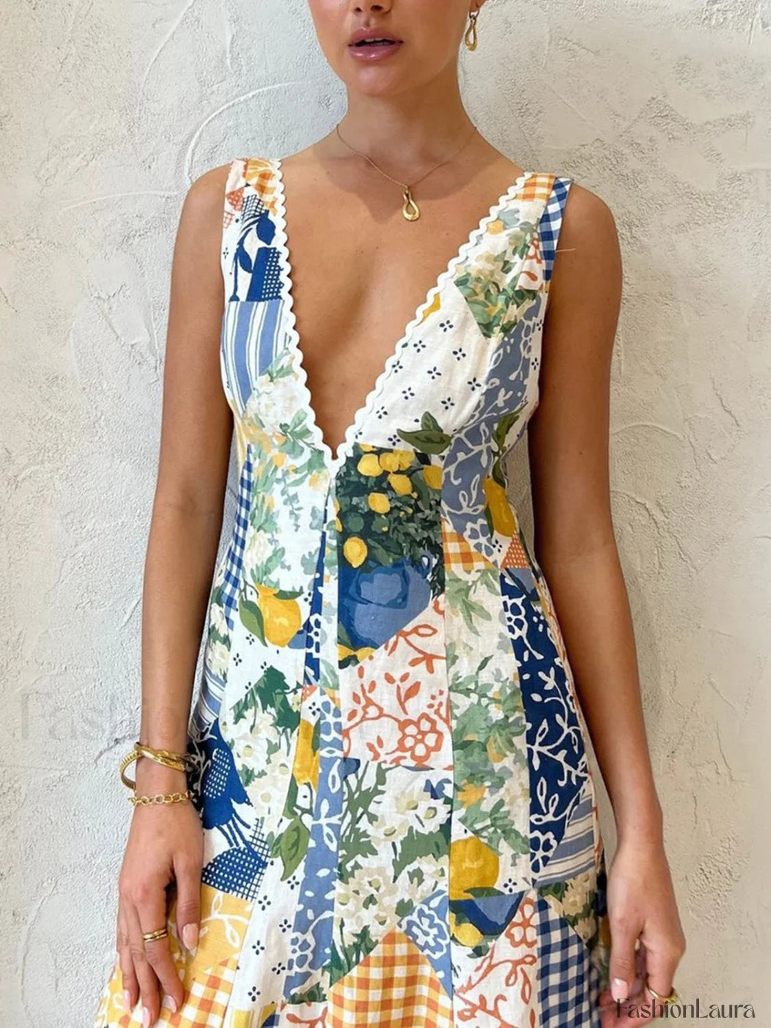 Lemonade Print Lace Trim Long Dress