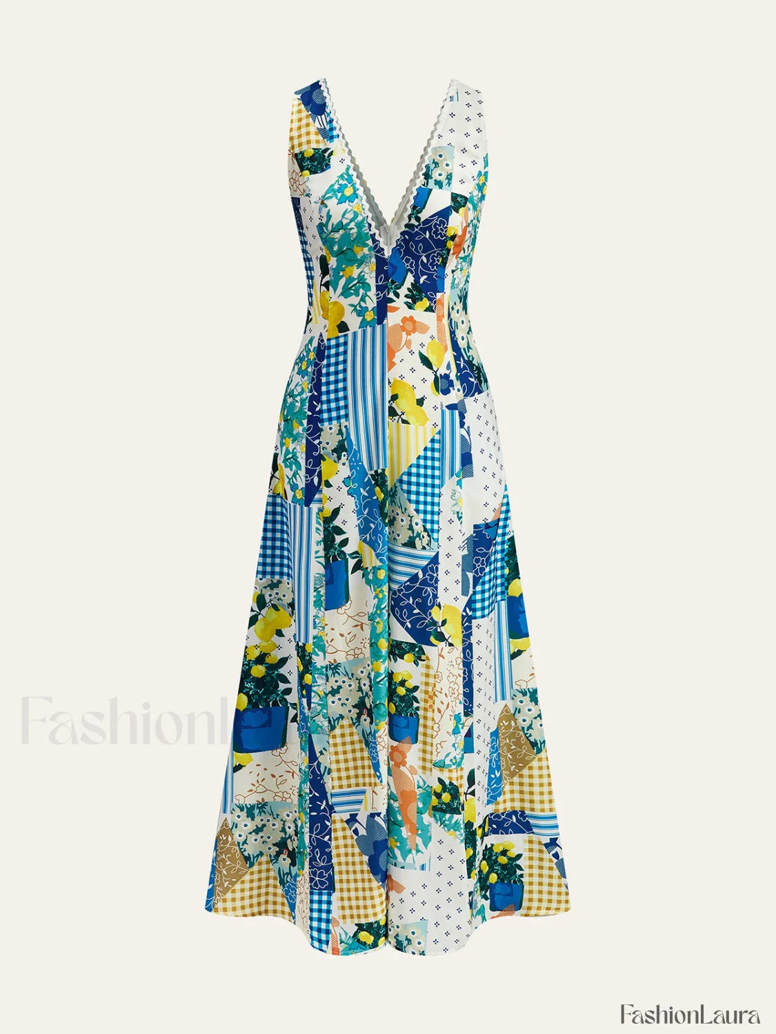 Lemonade Print Lace Trim Long Dress