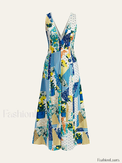 Lemonade Print Lace Trim Long Dress