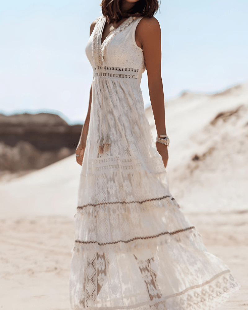 Lace V-Neck Sleeveless Tiered Boho Maxi Dress