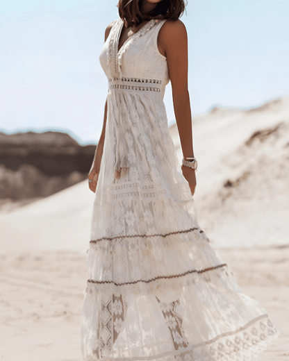 Lace V-Neck Sleeveless Tiered Boho Maxi Dress