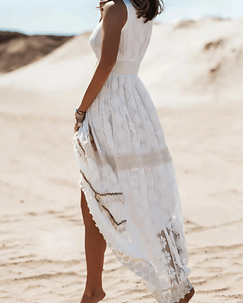 Lace V-Neck Sleeveless Tiered Boho Maxi Dress