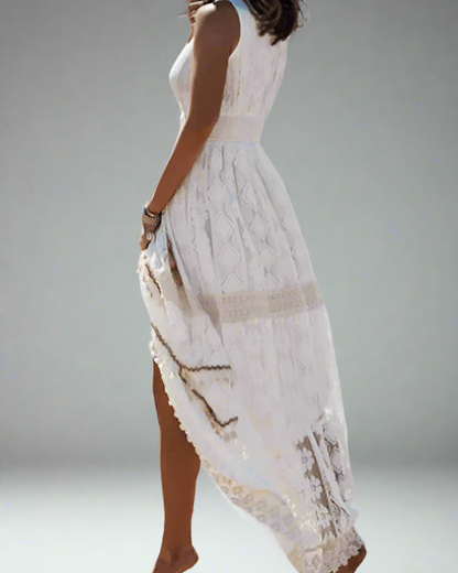 Lace V-Neck Sleeveless Tiered Boho Maxi Dress