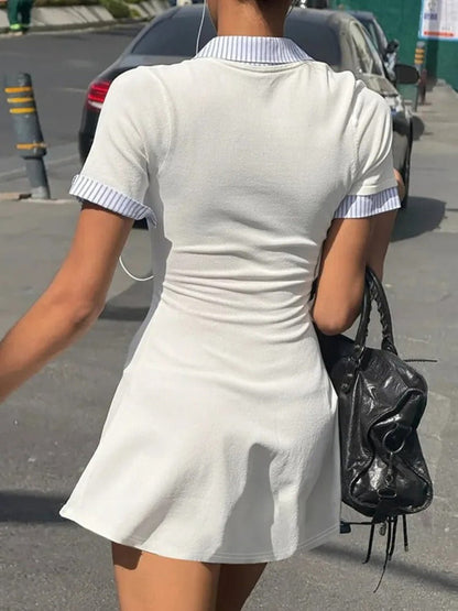 Contrast Collar Button Front Faux Two Piece Shirt Mini Dress