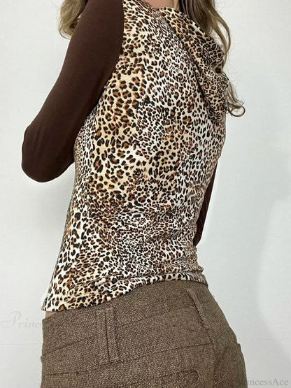 Leopard Patchwork Hooded Slim V-Neck Long Sleeve Knit Top