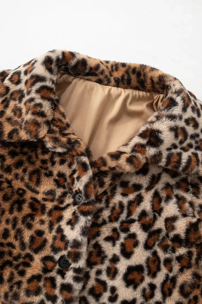 Leopard Print Faux Fur Collar Vintage Coat
