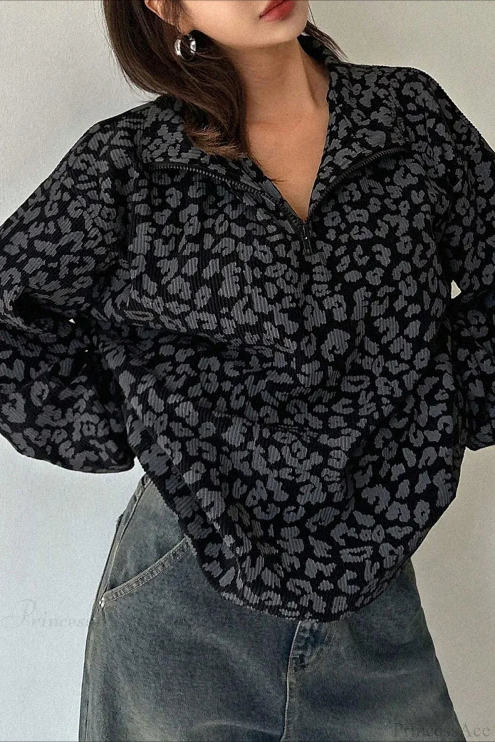 Leopard Print Half-Zip V-Neck Long Sleeve Sweatshirt