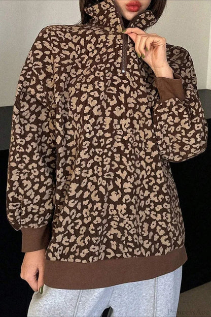 Leopard Print Half-Zip V-Neck Long Sleeve Sweatshirt