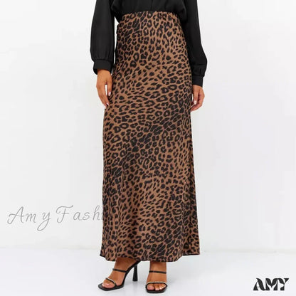 Leopard Printed Long Summer Elegant High Waist Satin Silk A-Line Skirt