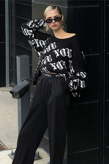 Letter Color Block Long Sleeve Knit Sweater