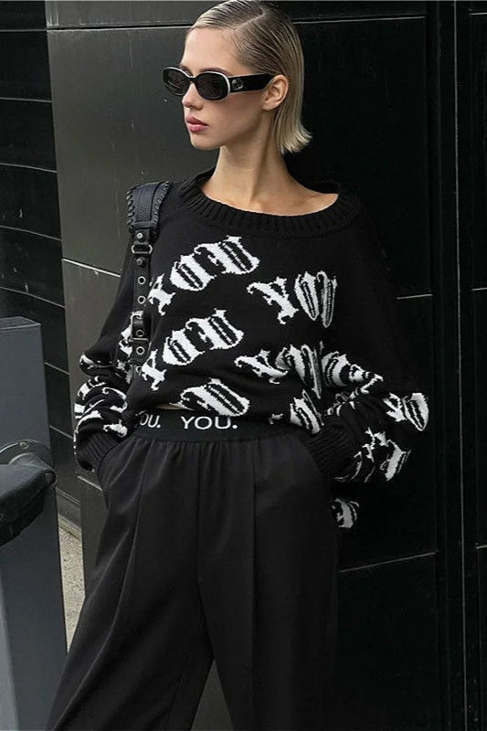 Letter Color Block Long Sleeve Knit Sweater