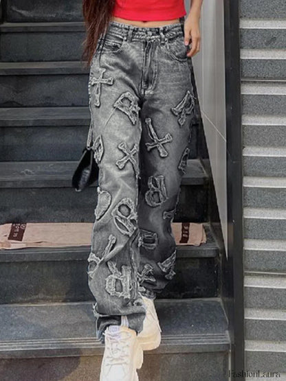 Letter Patch Faded Boyfriend Jeans