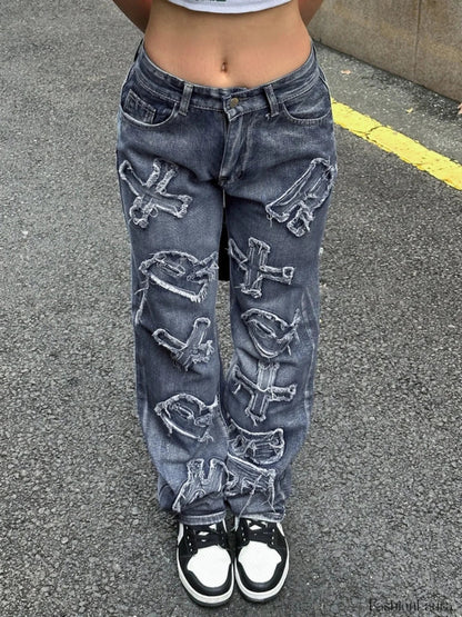 Letter Patch Faded Boyfriend Jeans