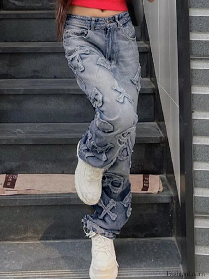 Letter Patch Faded Boyfriend Jeans