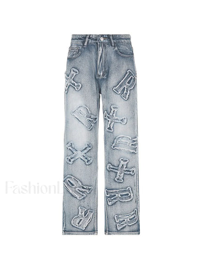 Letter Patch Faded Boyfriend Jeans