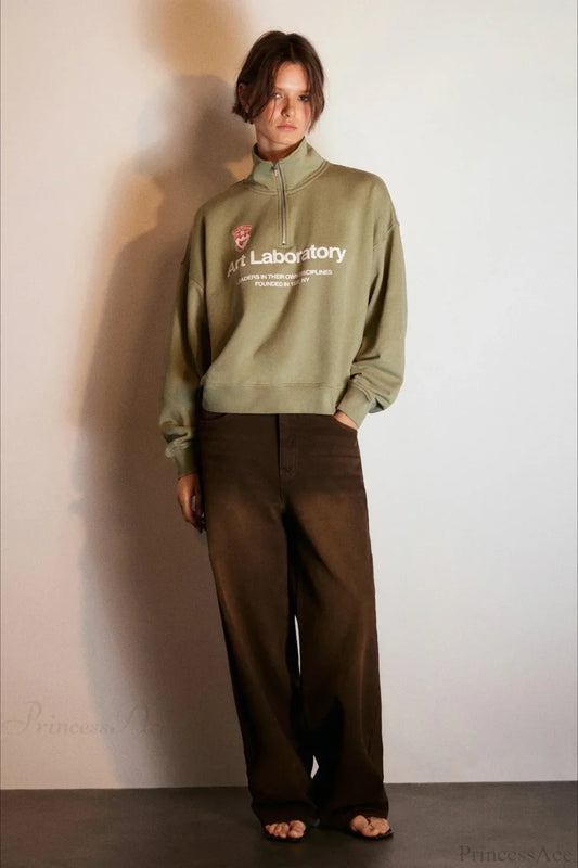 Letter Print Half Zip Stand Collar Loose Sweatshirt