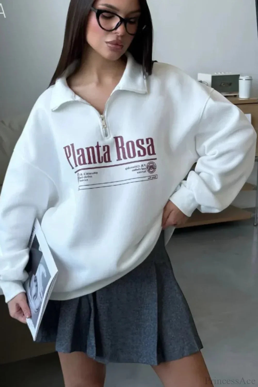 Letter Print Relaxed Convertible Collar Half-Zip Sweatshirt