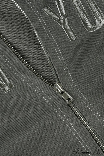 Letter Print Slim Paneled Stand Collar Hoodie