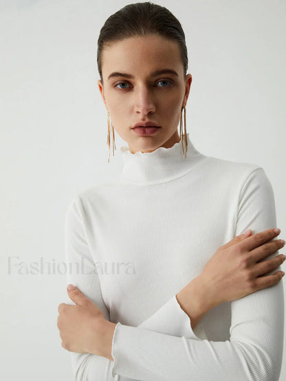 Lettuce Trim Mock Trendy Neck Long Sleeve Shirt