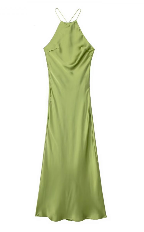 Halter Neck Backless Satin Slip Midi Dress