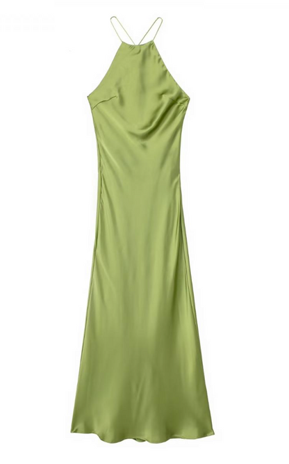 Halter Neck Backless Satin Slip Midi Dress