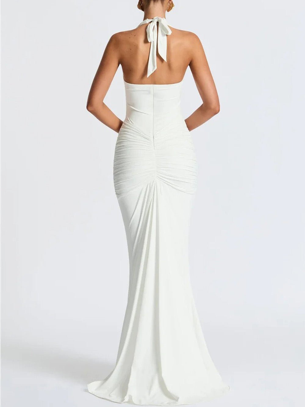Halter Deep V-Neck Side Ruched Drape Panel Mermaid Maxi Gown