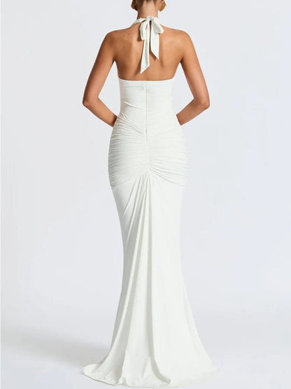 Halter Deep V-Neck Side Ruched Drape Panel Mermaid Maxi Gown