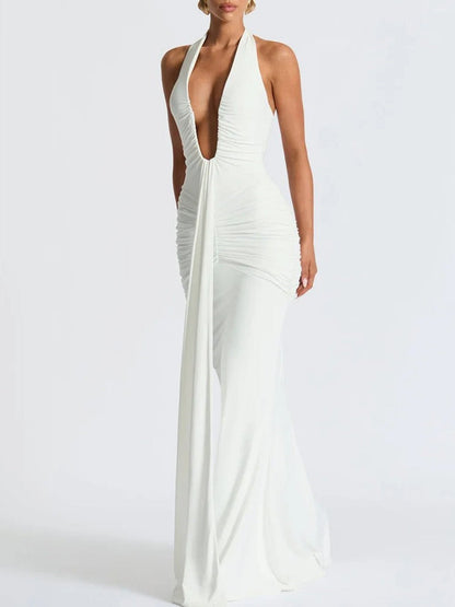 Halter Deep V-Neck Side Ruched Drape Panel Mermaid Maxi Gown