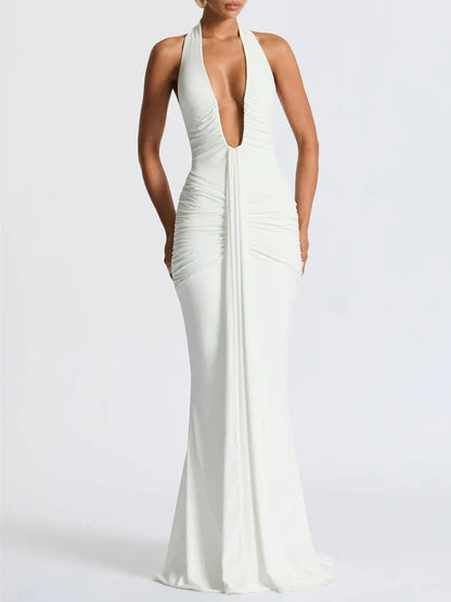 Halter Deep V-Neck Side Ruched Drape Panel Mermaid Maxi Gown