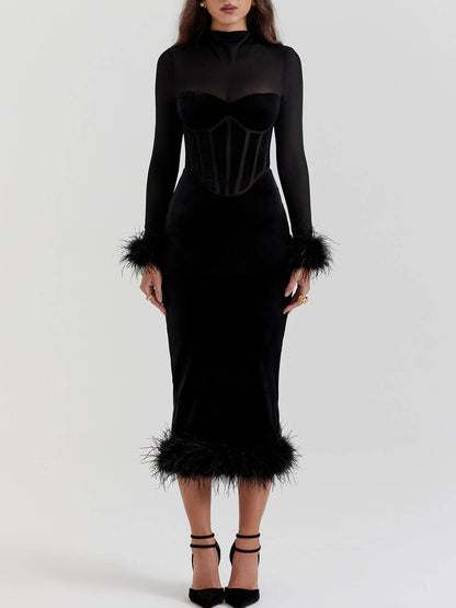 Mock Neck Mesh Sleeve Corset Panel Velvet Feather Trim Midi Dress