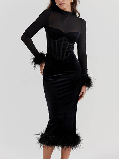 Mock Neck Mesh Sleeve Corset Panel Velvet Feather Trim Midi Dress