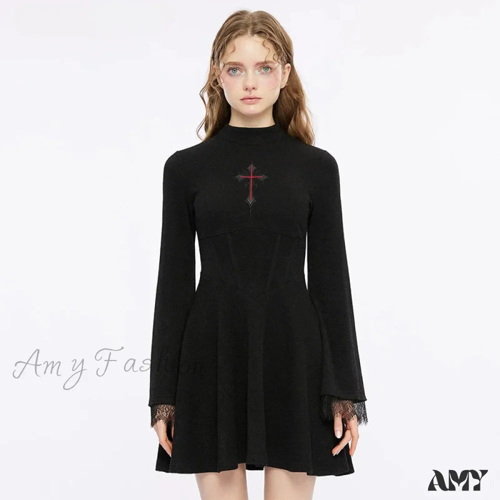 Light Cross Embroidered Basic A Line Flared Cuffs Lace Decorated Sexy Black Gothic Dress