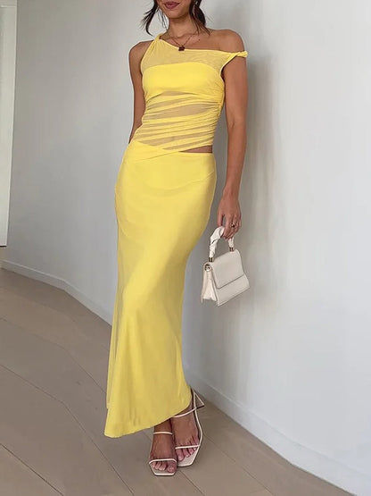 Ruched One-Shoulder Crop Top High Waist Bodycon Maxi Skirt Two Piece Set