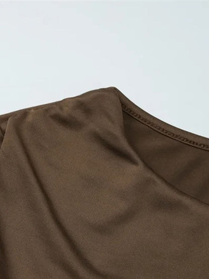 Long Sleeve Ruched Drop Waist Diagonal Seam Pleated Maxi Dress