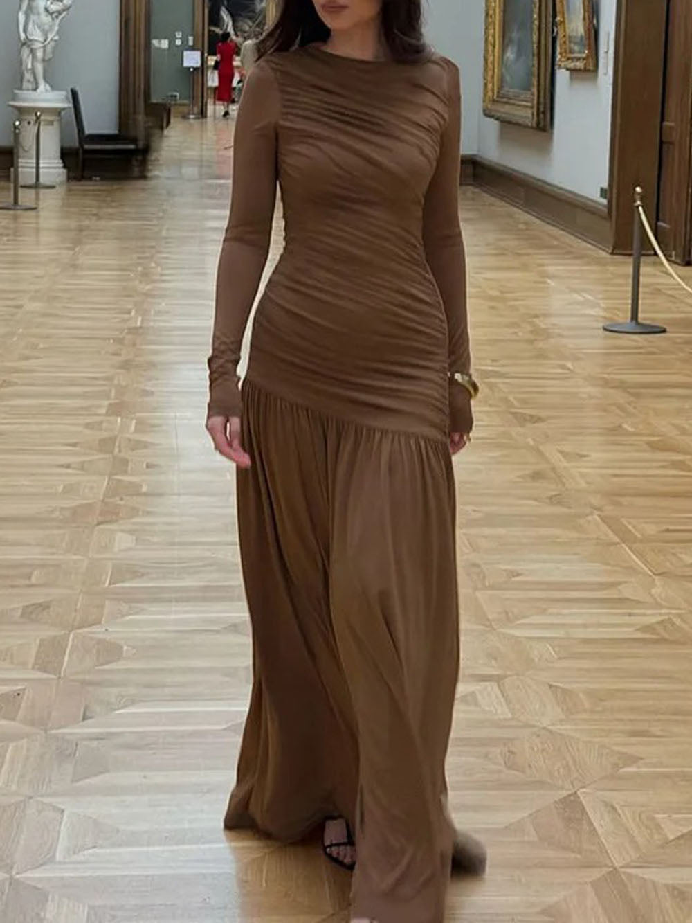 Long Sleeve Ruched Drop Waist Diagonal Seam Pleated Maxi Dress