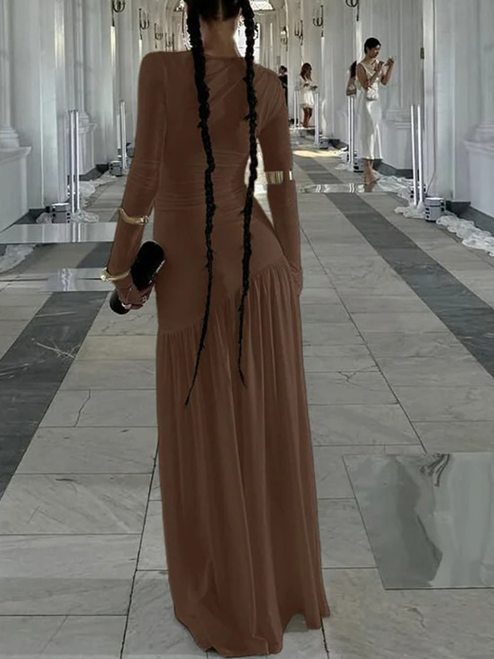 Long Sleeve Ruched Drop Waist Diagonal Seam Pleated Maxi Dress