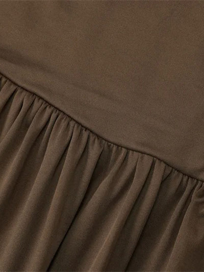 Long Sleeve Ruched Drop Waist Diagonal Seam Pleated Maxi Dress