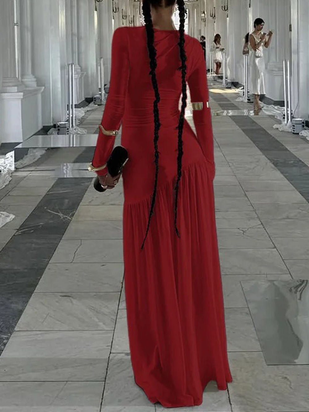 Long Sleeve Ruched Drop Waist Diagonal Seam Pleated Maxi Dress